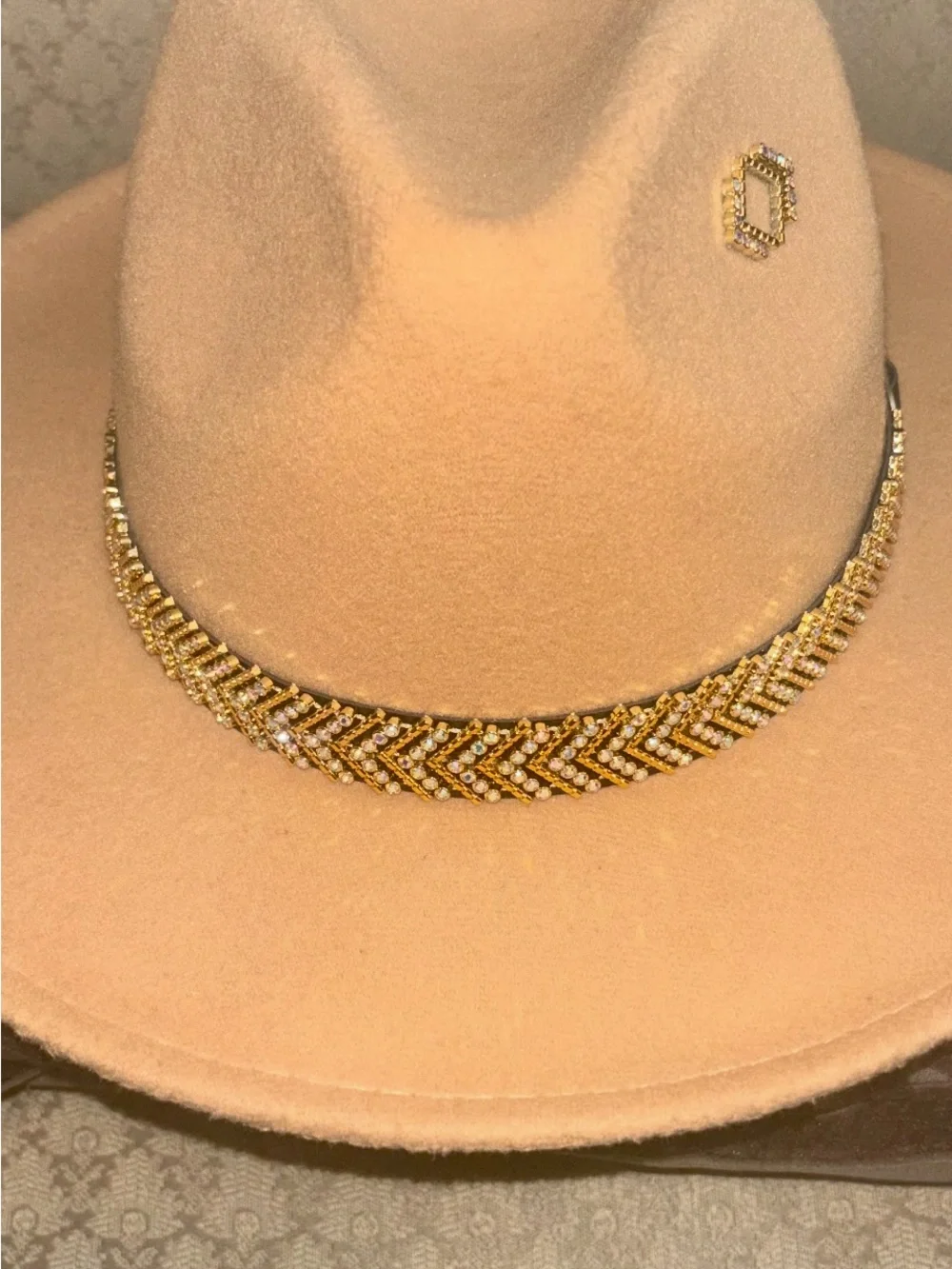 Beige Wide-Brim Fedora Hat with Gold Beaded Band